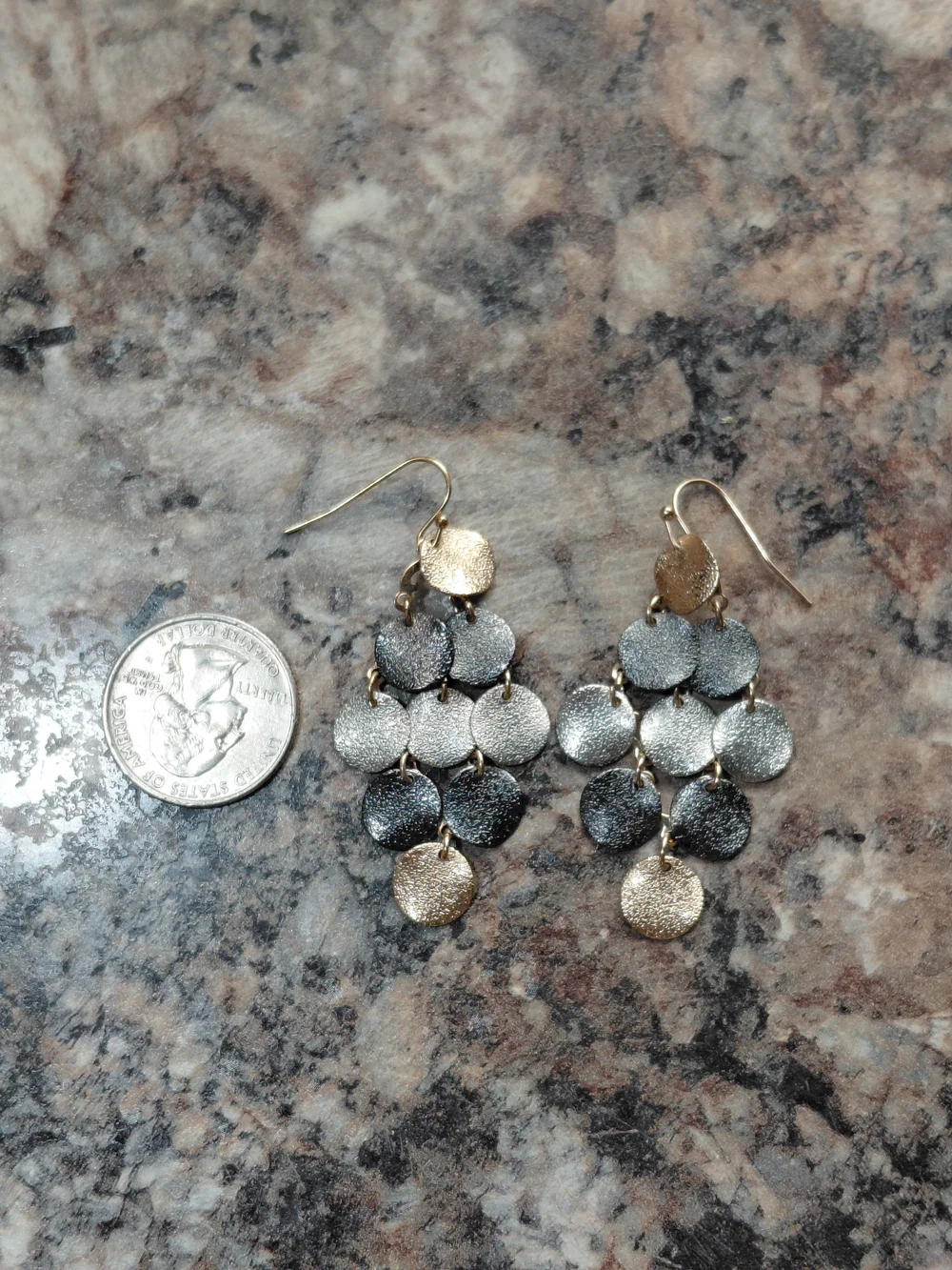Tri Color Metal Textured Disc Layered Chandelier Vintage Dangle Earrings